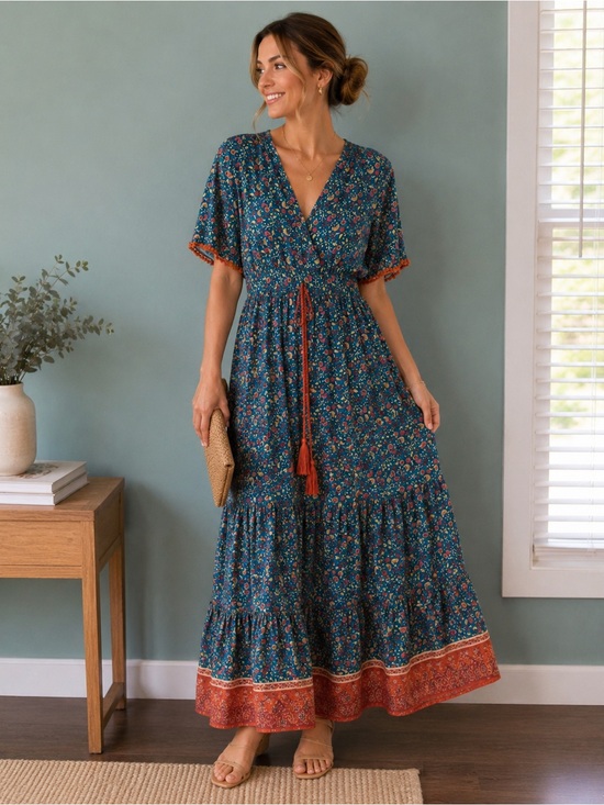 R. Vivimos Dresses & Skirts - Teal Floral Maxi Dress with Tassel Waist